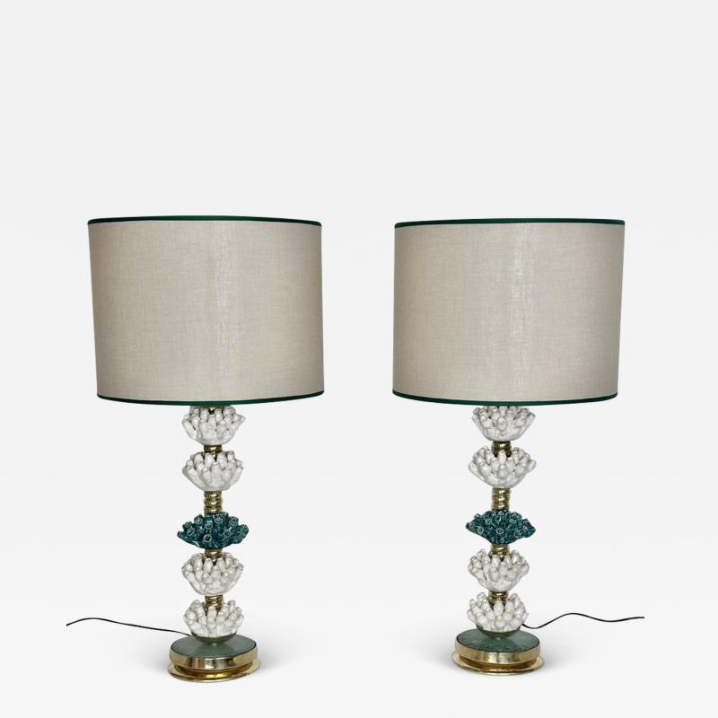 Late 20th Century Pair of Italian Brass w Green White Ceramic Table Lamps
