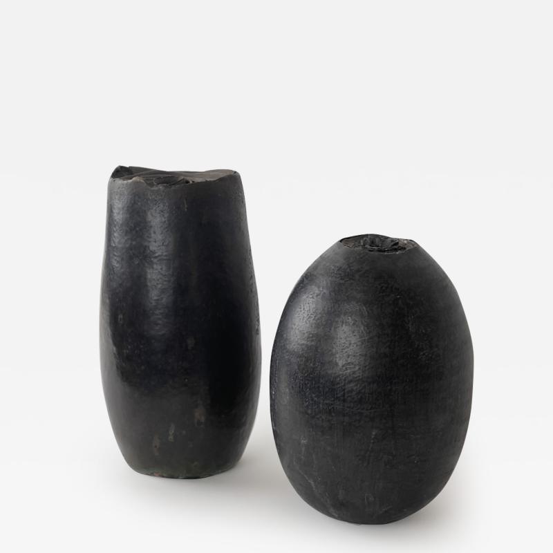 Late 20th Century Pair of Italian Sculptural Black Stoneware Vases by L Leandri