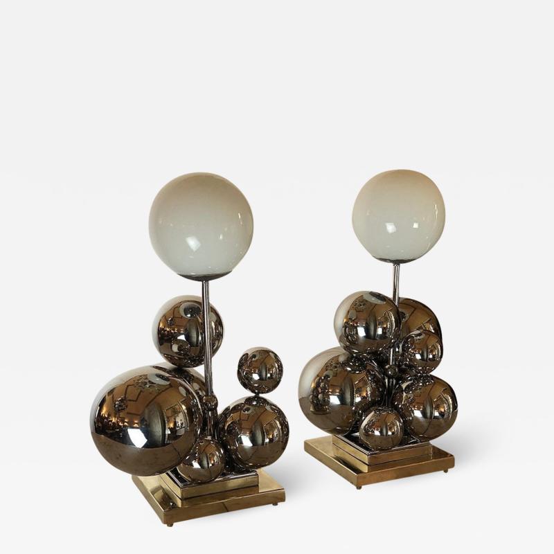 Late 20th Century Pair of Italian Space Age Brass Nickel Bubbles Table Lamps