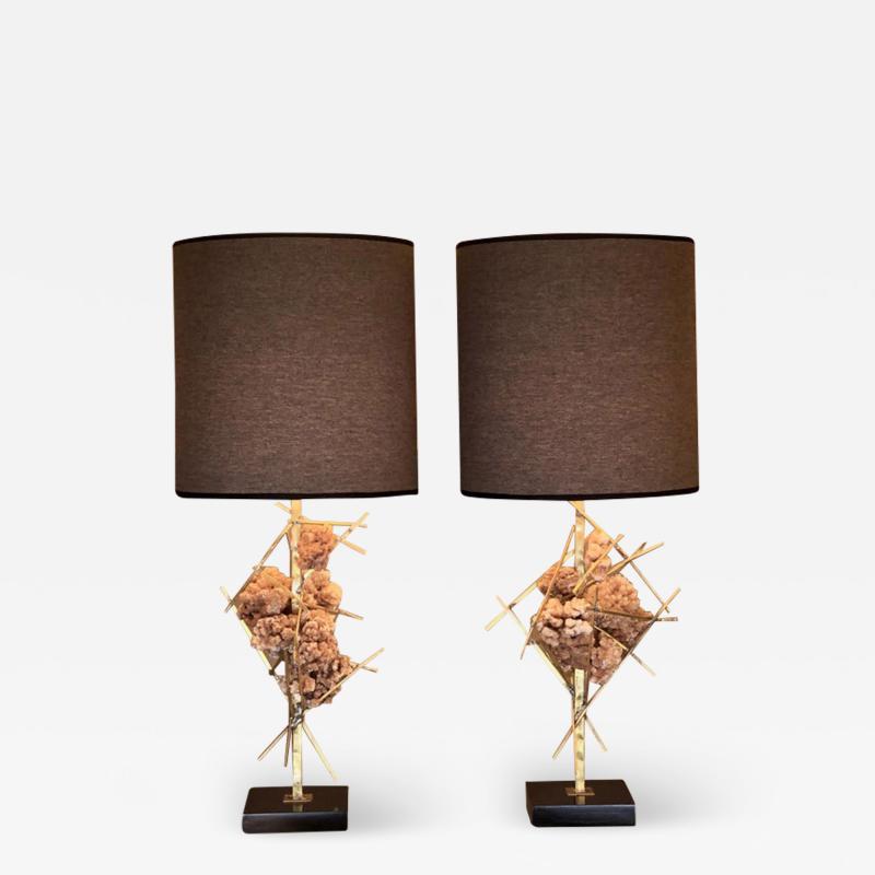 Late 20th Century Pair of Mineral Crystals and Brass Brutalist Table Lamps