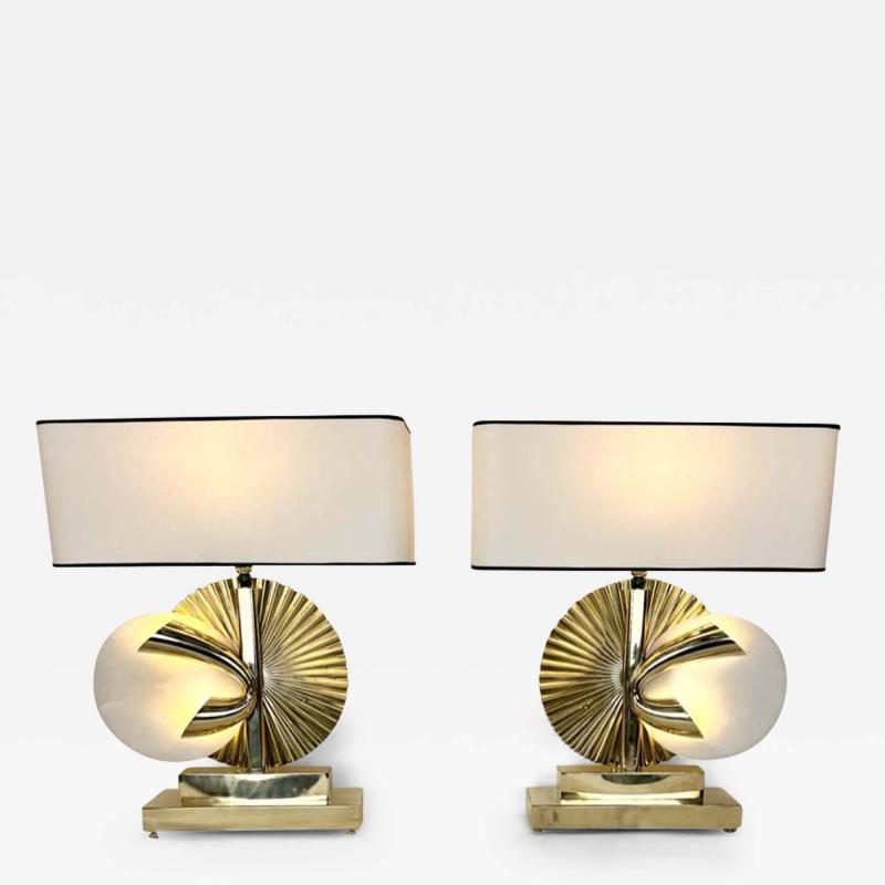 Late 20th Century Pair of Pleated Brass White Alabaster Table Lamps w Shades