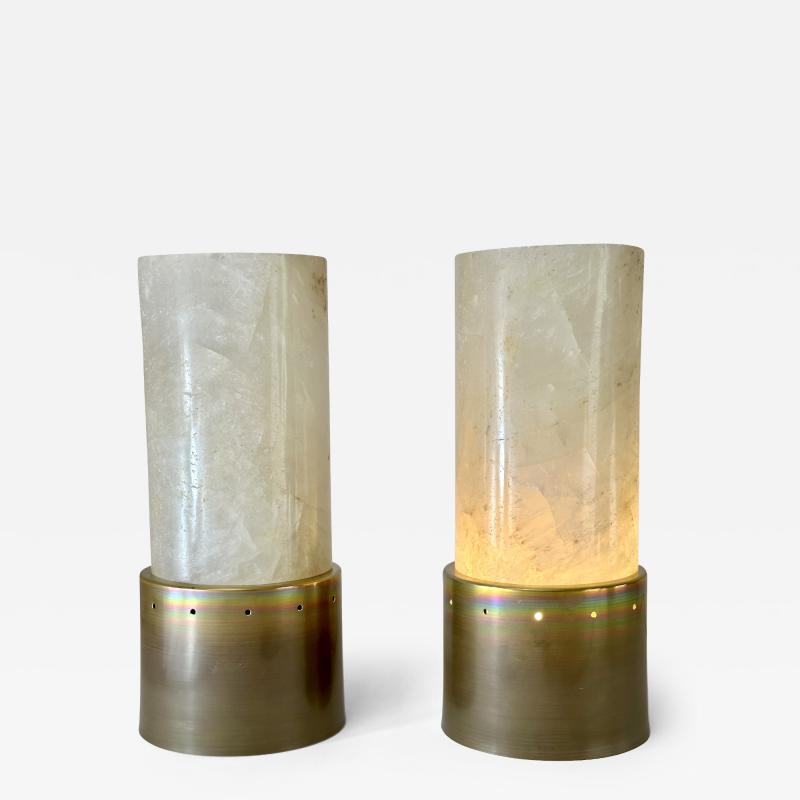 Late 20th Century Pair of Round Brass White Rock Crystal Stone Table Lamps