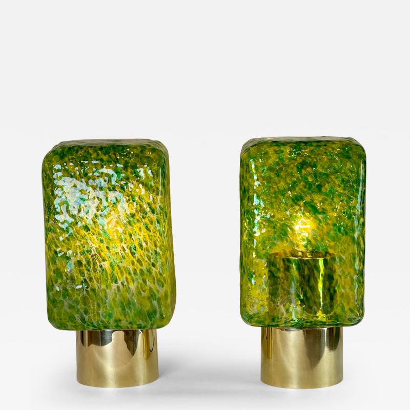 Late 20th Century Pair of Sculptural Green Murano Art Glass Brass Table Lamps