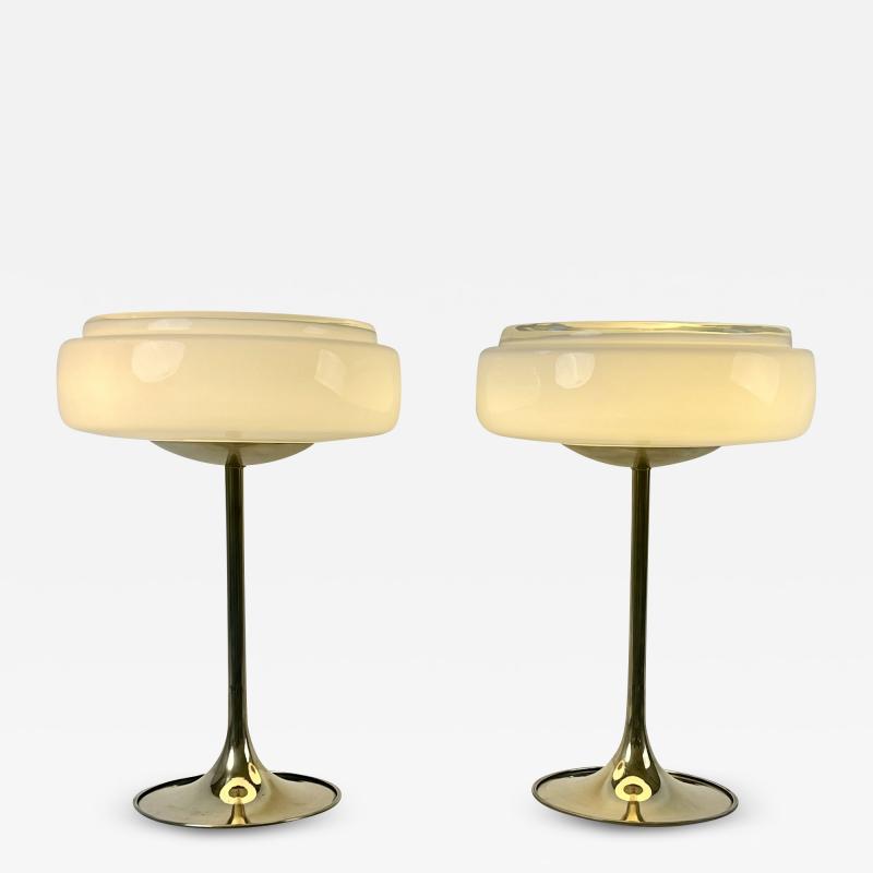 Late 20th Century Pair of Space Age Brass White Murano Art Glass Table Lamps