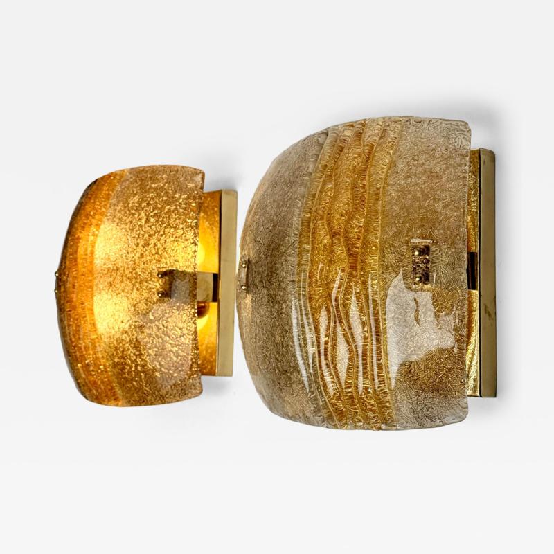 Late 20th Century Pair of Squared Brass and Amber Murano Glass Sconces