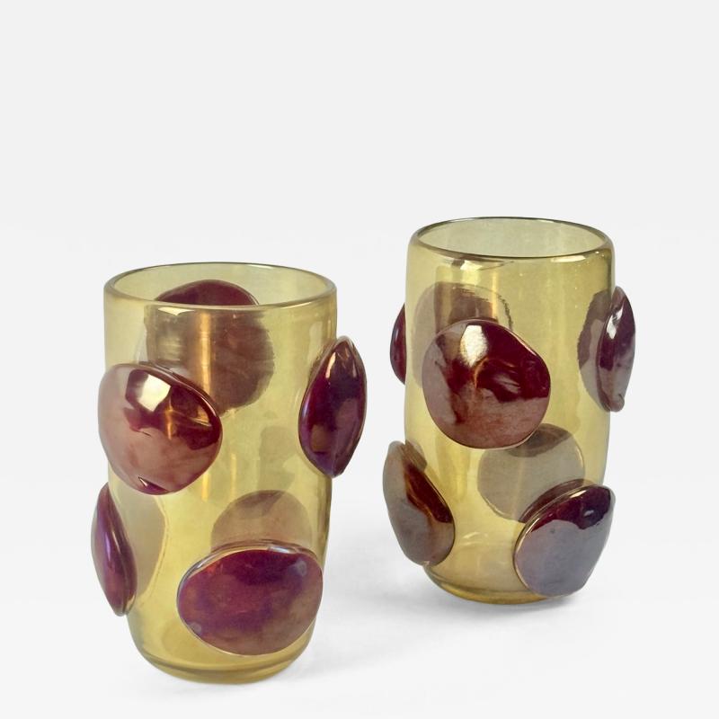 Late 20th Century Pair of Transparent Gold Murano Glass Vases w Red Applications
