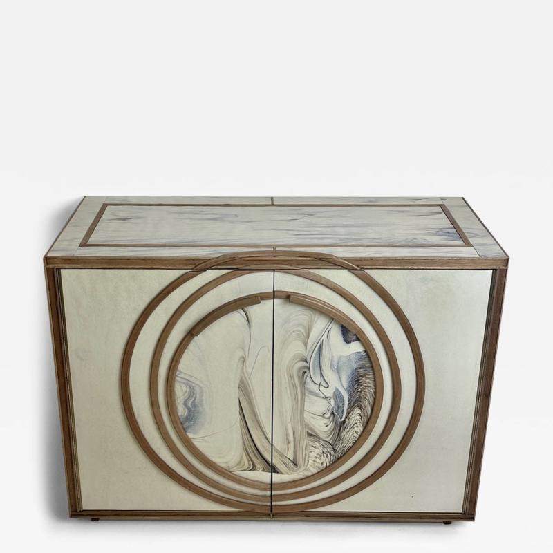 Late 20th Century Pair of White Murano Art Glass Wood w Brass Details Cabinets