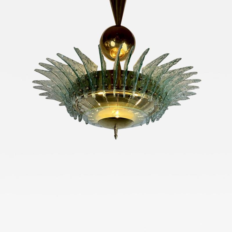 Late 20th Century Round Brass Chandelier w Light Green Textured Murano Glasses