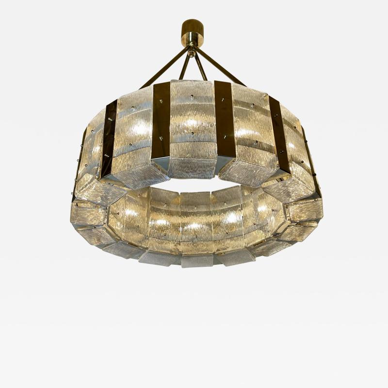 Late 20th Century Round Brass Transparent Textured Murano Art Glass Chandelier