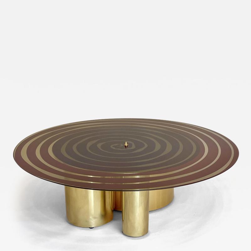 Late 20th Century Round Red Retro Painted Glass w Brass Basement Coffe Table