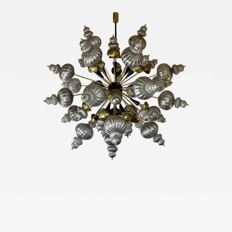 Late 20th Century Silver Blown Murano Glass Elements Brass Sputnik Chandelier