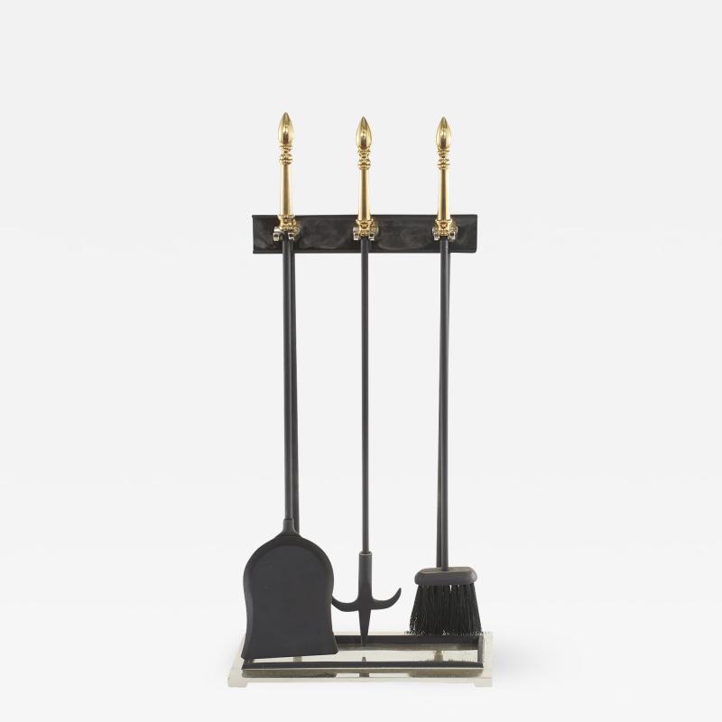 Late 20th Century Three Tone Black Brass and Silver Fireplace Tool Set