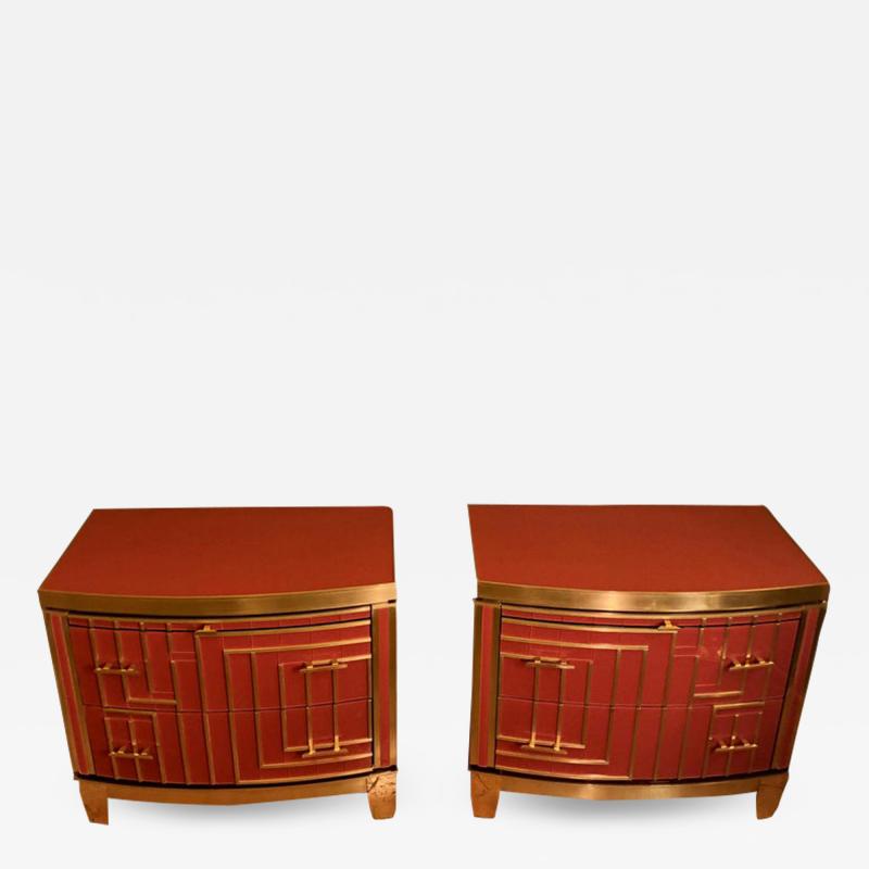 Late 20th Pair of Italian Red Coral Opaline Glass Wood and Brass Nightstands