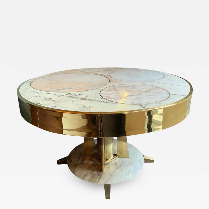 Late20th Century Italian Space Age Round Marble Table w Brass Pedestal Inlays