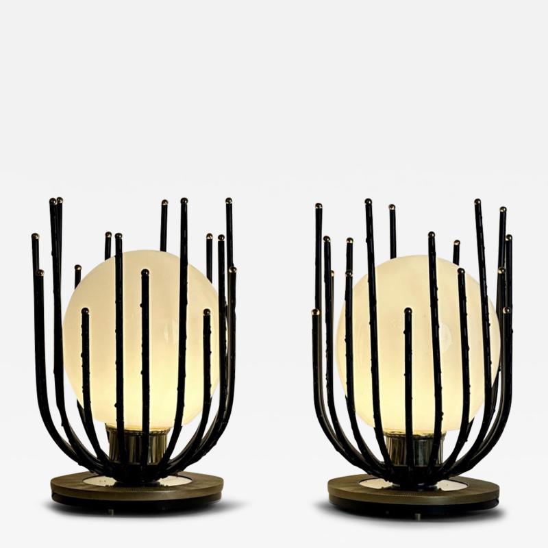Late20th Century Pair of Black Iron Brass Opaline Glass Brutalist Table Lamps