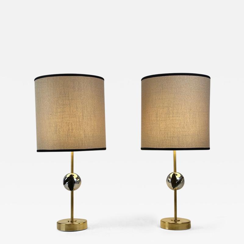 Late20th Century Pair of Italian Sculptural Nickel Brass Table Lamps w Shades