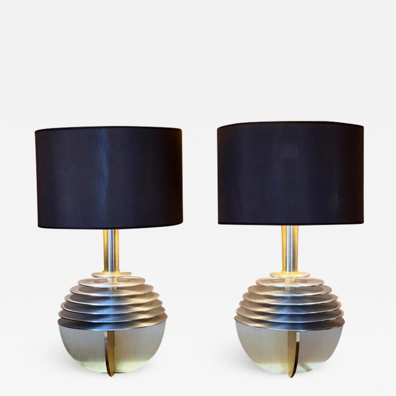 Late20th Century Pair of Space Age Aluminium Gold Table Lamps w Brown Shades