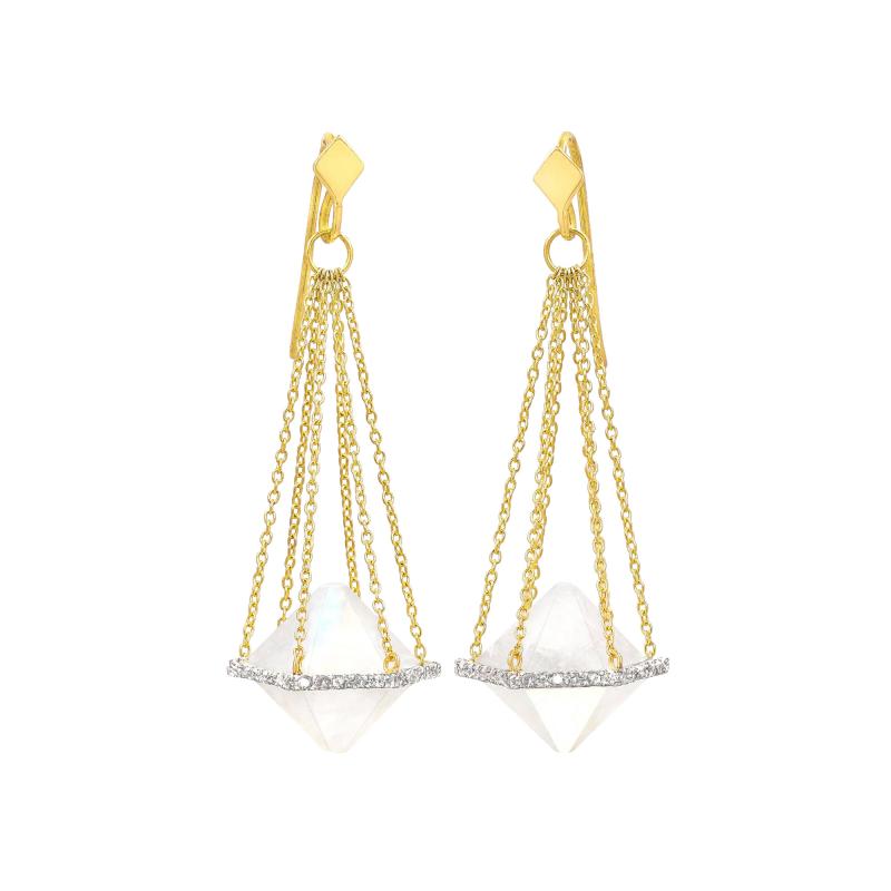 Lauren Harper Rainbow Moonstone White Diamond Chain Drop Earrings Lauren Harper