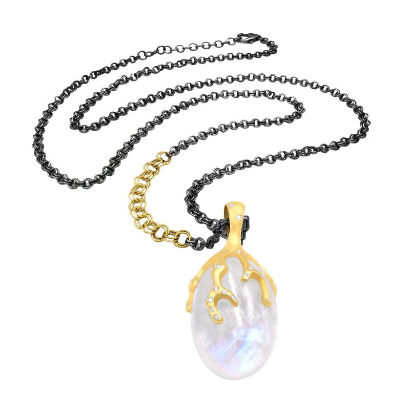 Lauren Harper Rainbow Moonstone White Diamond Double Link Chain Long Necklace Lauren Harper