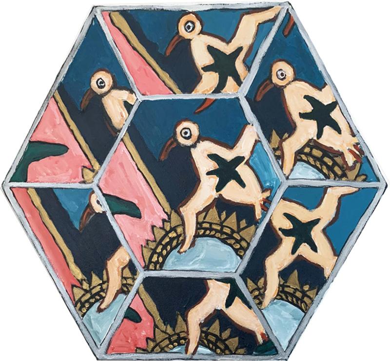 Laurence Calabuig ENDLESS REFLECTIONS LA ROUE DE LA FORTUNE PINK TATOO Hexagonal painting