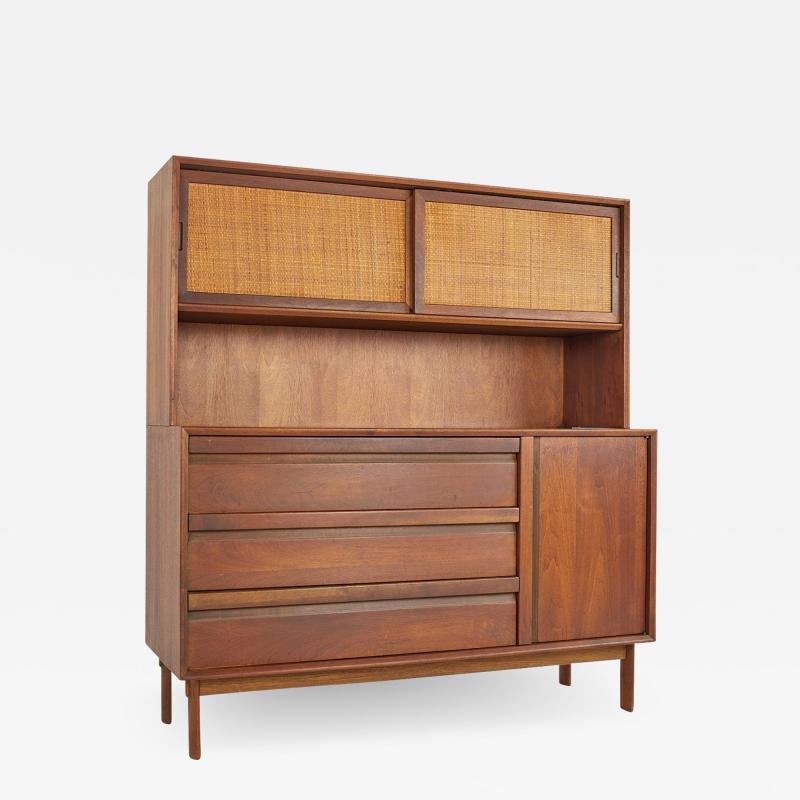 Lawrence Peabody Mid Century Walnut and Cane Buffet Sideboard Credenza and Hutch