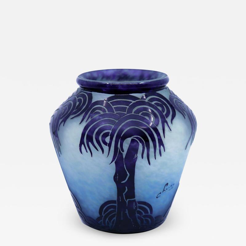 Le Verre Fran ais Art Deco Glass Vase Palmier Bleus by Le Verre Francais