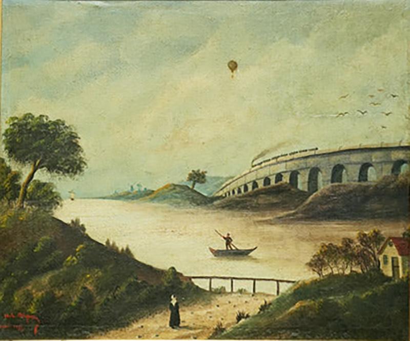 Le pont de chemin de fer painting M L Daguerry 1888