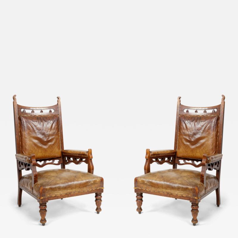 Leather and Oak Gothic Style Armchairs England 19th Century