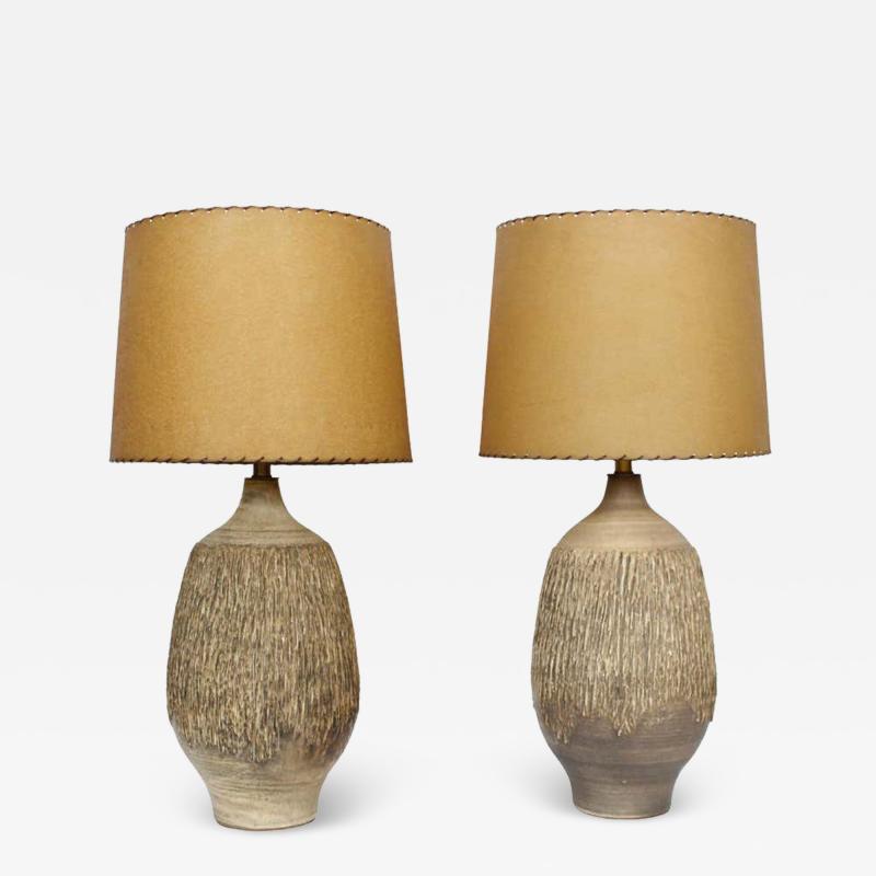 Lee Rosen Large Pair Lee Rosen for Design Technics Textured Taupe Pottery Lamps