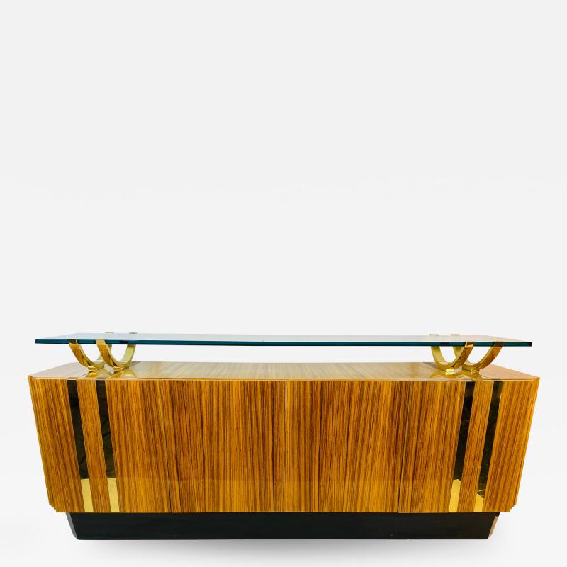 Leon Rosen HIGH END MODERN EXOTIC WOOD AND BRASS AND GLASS SIDEBOARD BY LEON ROSEN