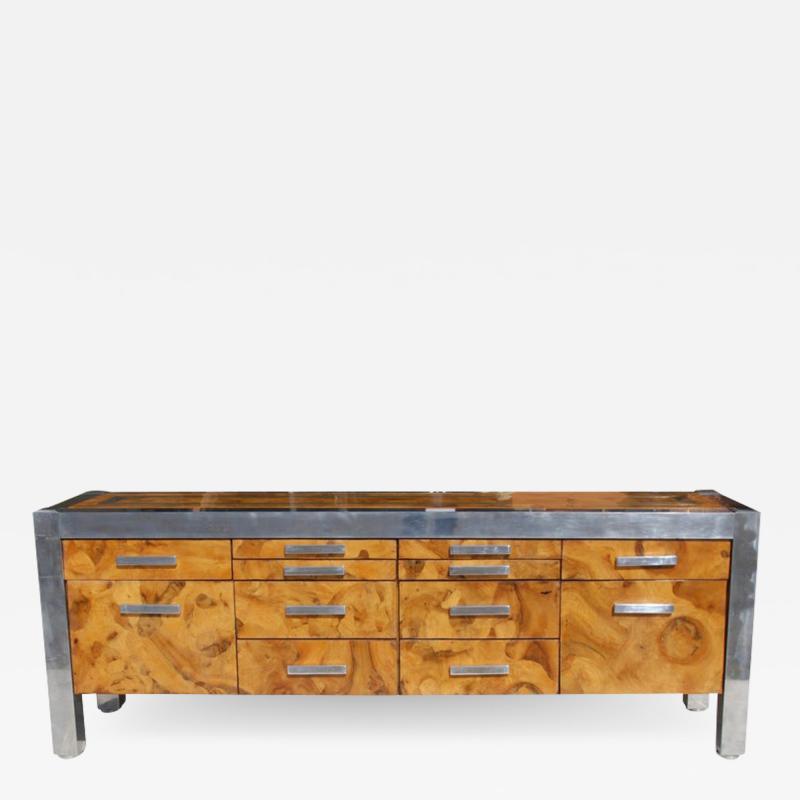 Leon Rosen Leon Rosen for Pace Collection Burled Wood and Chrome Credenza