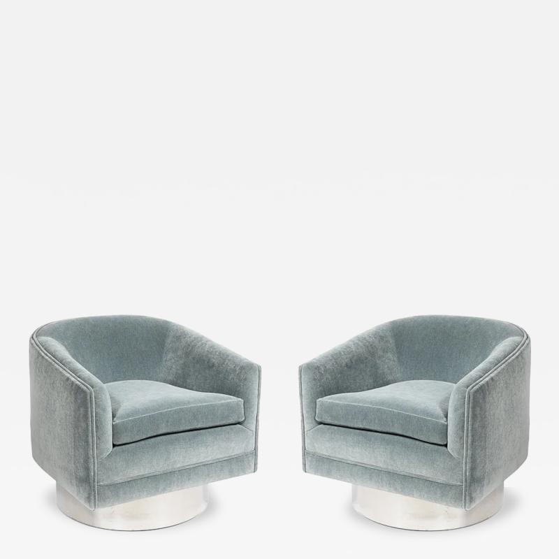 Leon Rosen Mid Century Aluminum Powder Blue Velvet Swivel Chairs by Leon Rosen for Pace