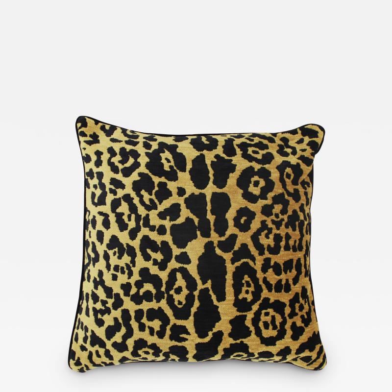 Leopard Print Velvet Cushion in Cotton with Trim and Linen Back