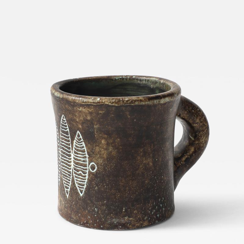 Les 2 Potiers Michelle et Jacques Serre Glazed Ceramic Cup with Geometric Leaf Abstraction France c 1965