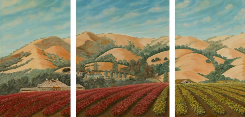 Lew E Davis Triptych Painting Of The Villa Lomas Azules And Highland Vineyard