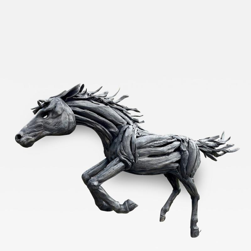 Lifesize Driftwood Black Horse Sculpture Handcrafted by Artist IDN 2024