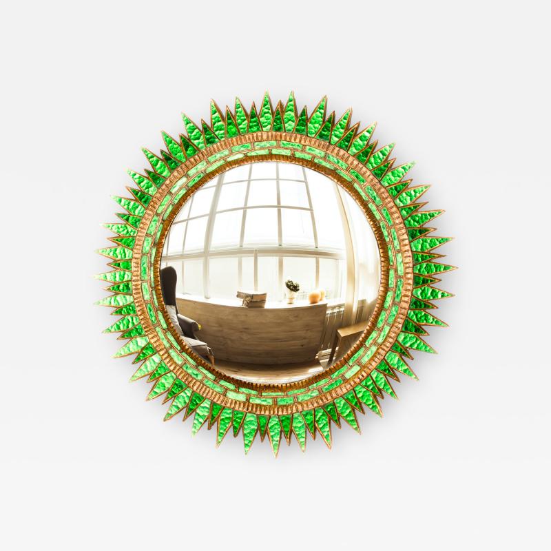 Line Vautrin A large green glass convex mirror in the manner of Line Vautrin