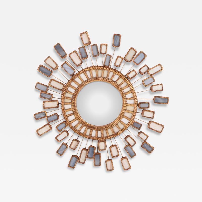 Line Vautrin Blue and Cream Glass and Resin Convex Mirror in the Manner of Line Vautrin 
