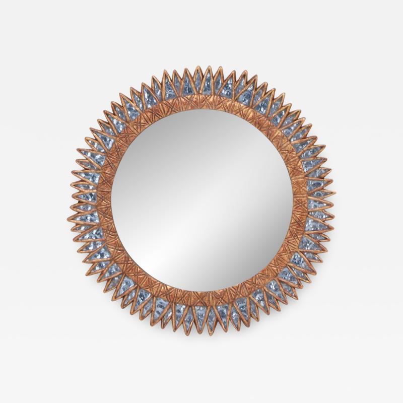 Line Vautrin Gilt resin and blue textured glass mirror in the manner of Line Vautrin