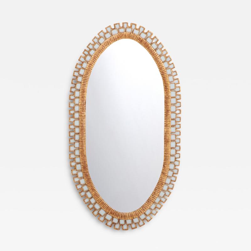 Line Vautrin Oval Gilt Resin and Blue Glass Mirror in the Manner of Line Vautrin