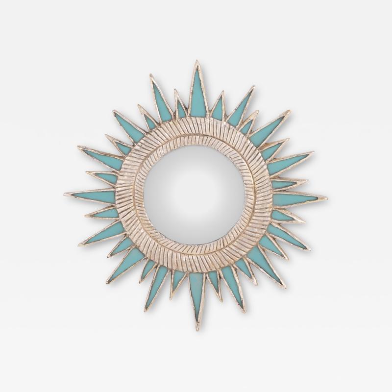 Line Vautrin Turquoise Resin and Silver Leaf Convex Mirror in the Manner of Line Vautrin