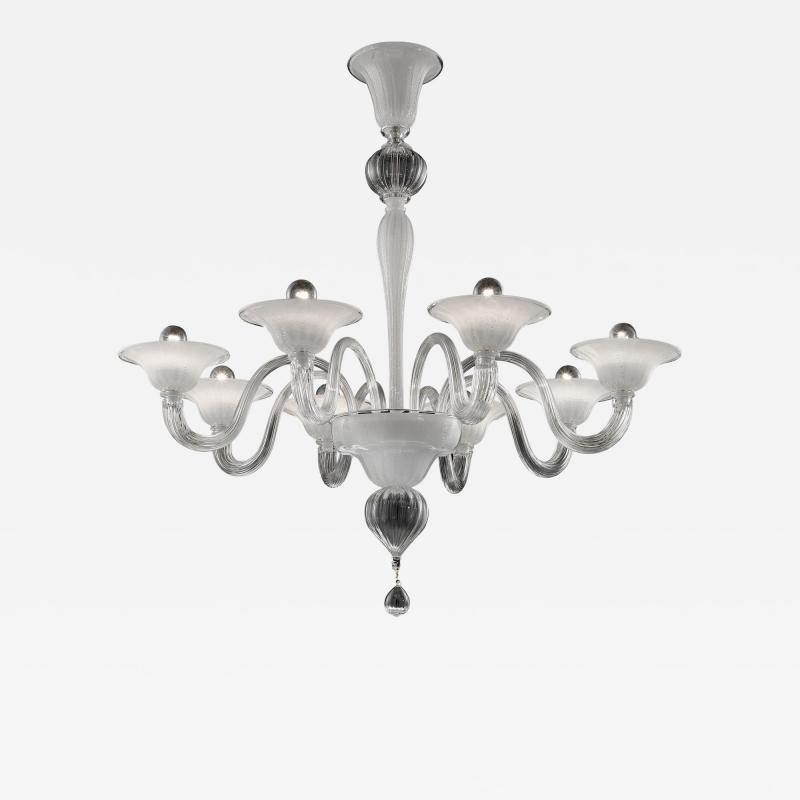 Linear Transparent and White With Silver Leaf Murano Glass Chandelier