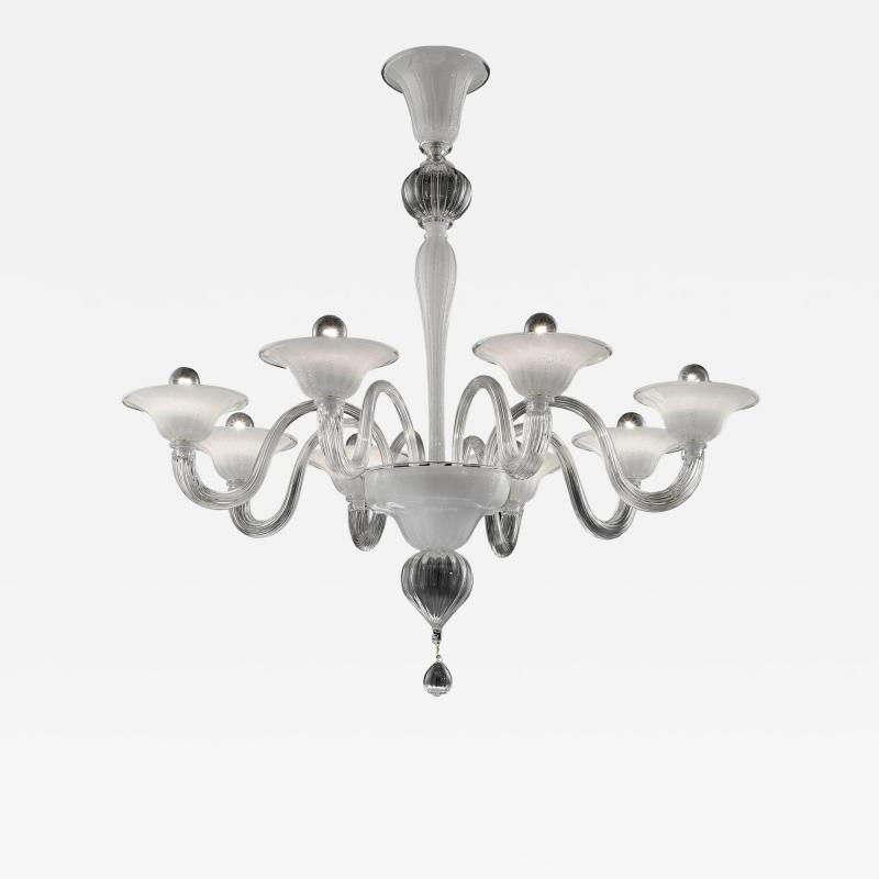 Linear Transparent and White With Silver Leaf Murano Glass Chandelier
