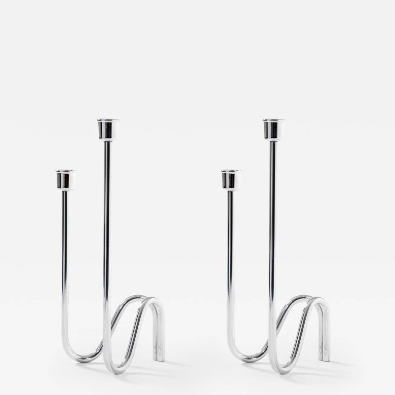 Lino Sabattini Lino Sabattini Pair of Candle Holders in Silvered Metal 2 Holders