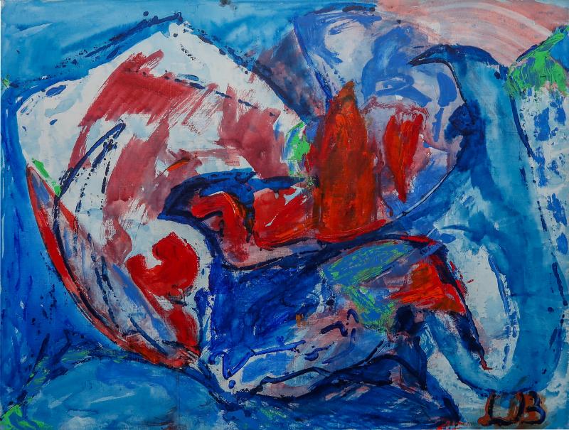 Lisa Blaabjerg b 1939 Blue Red Image Acrylic Painting Danish c 2007