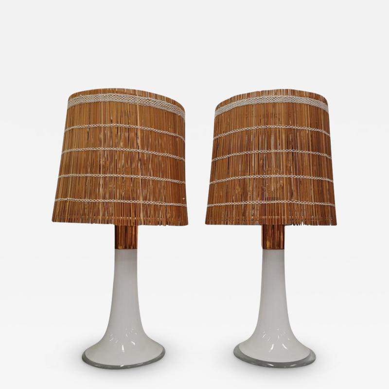 Lisa Johansson Pape Lisa Johansson Pape Pair of Table Lamps Opal Glass Copper Rattan Orno 1960s