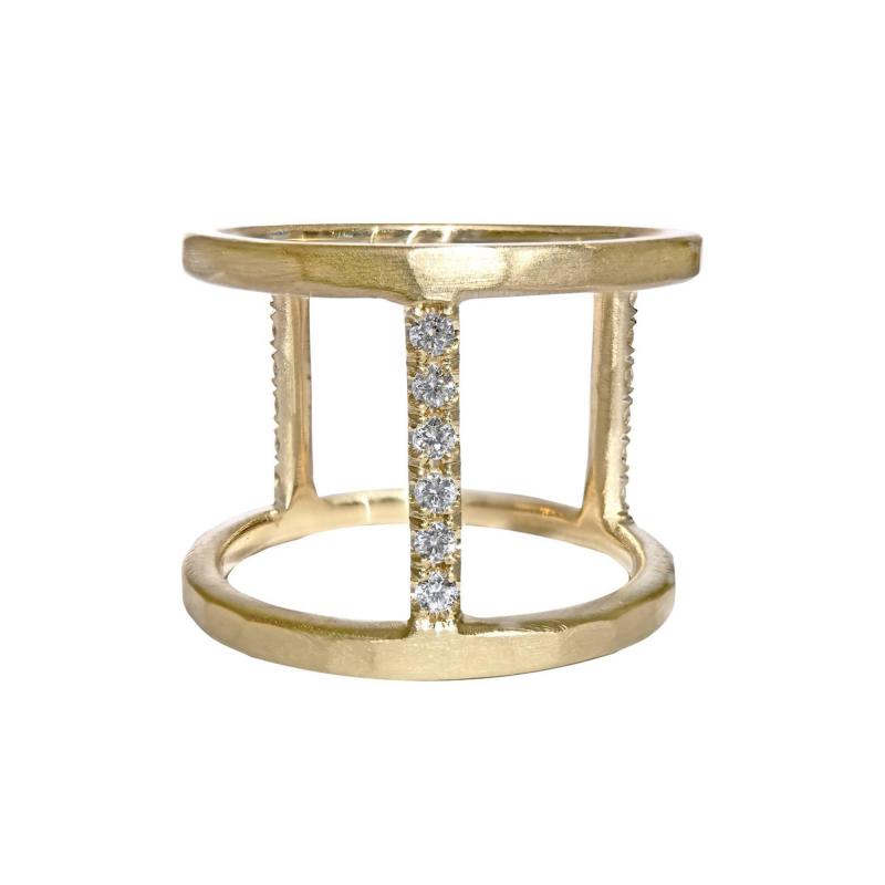 Lisa Ziff White Diamond Textured Gold Handmade Wide Open Tripod Band Ring Lisa Ziff