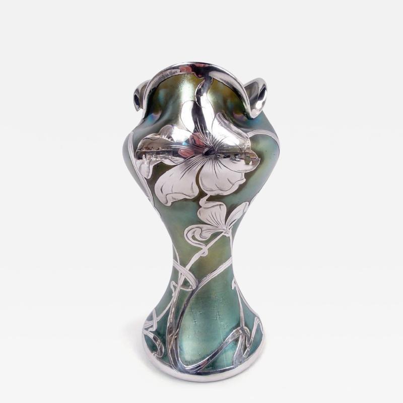 Loetz Art Nouveau Iridescent Vase with Engraved Silver Overlay