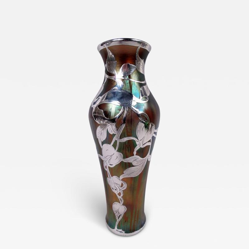 Loetz Art Nouveau Iridescent Vase with Leafing Silver Overlay