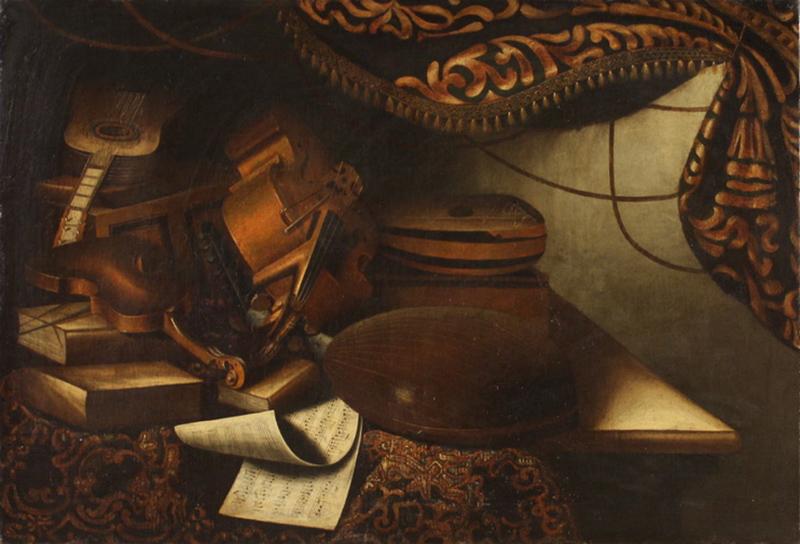 Lombard school of the 18th century still life painting with musical instruments